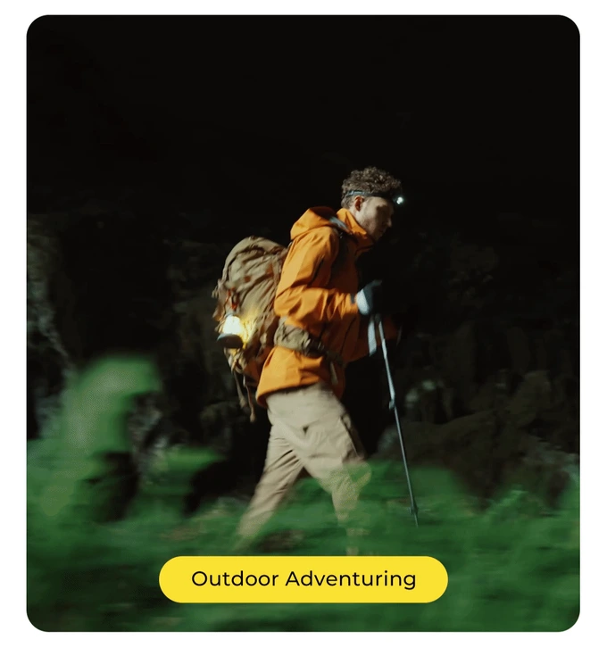 Headlamp-lit night exploration in volcanic terrain